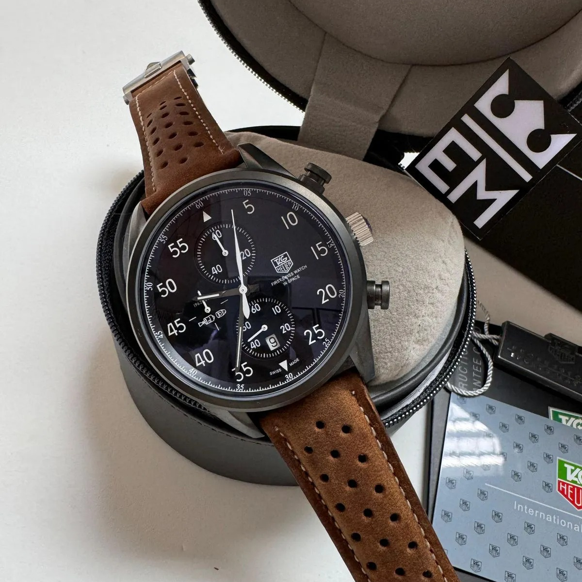TH Carrera Chronograph Black Brown Leather Strap
