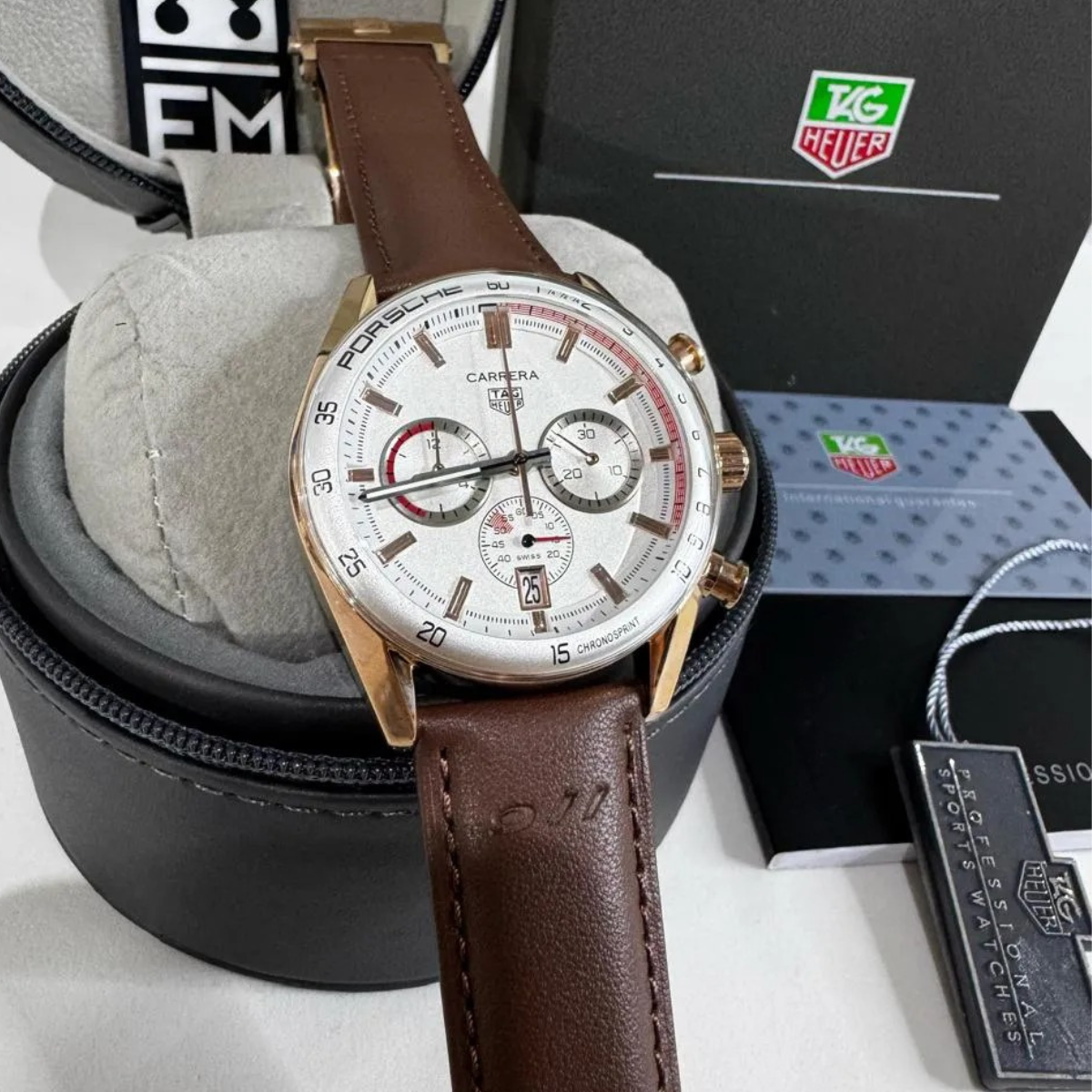 TH Carrera Chronosprint – Silver/Red – Brown Leather Strap TAG Heuer
