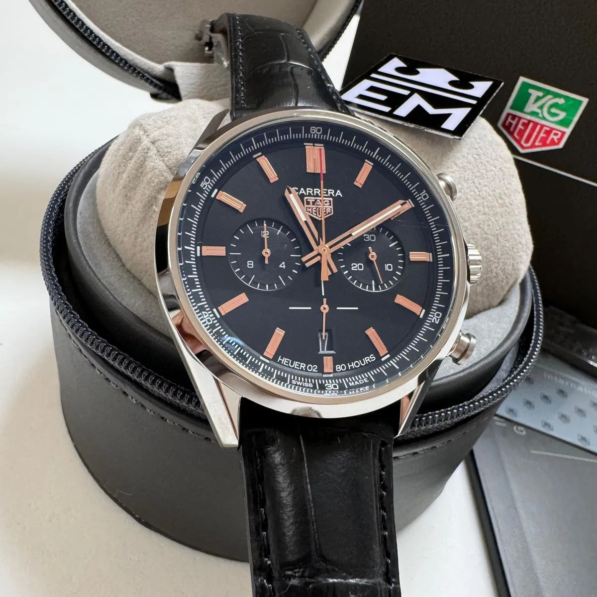 TH Carrera Chronograph – Black/Rose Gold Leather Strap TAG Heuer