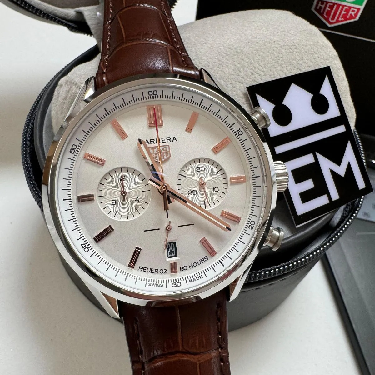 TH Carrera Chronograph – Silver/Rose Gold Brown Leather Strap TAG Heuer