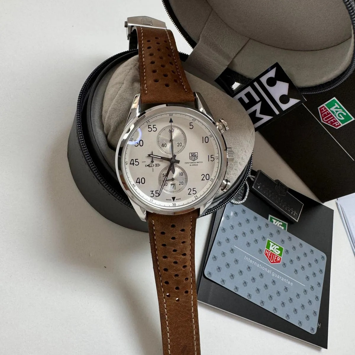 TH Carrera Chronograph Classic White Leather Strap TAG Heuer