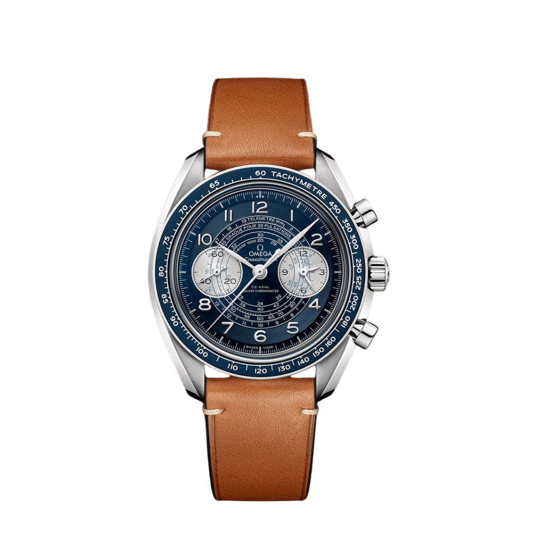 Speedmaster Broad Arrow Black/Silver – 42 mm Cognac Leather Strap
