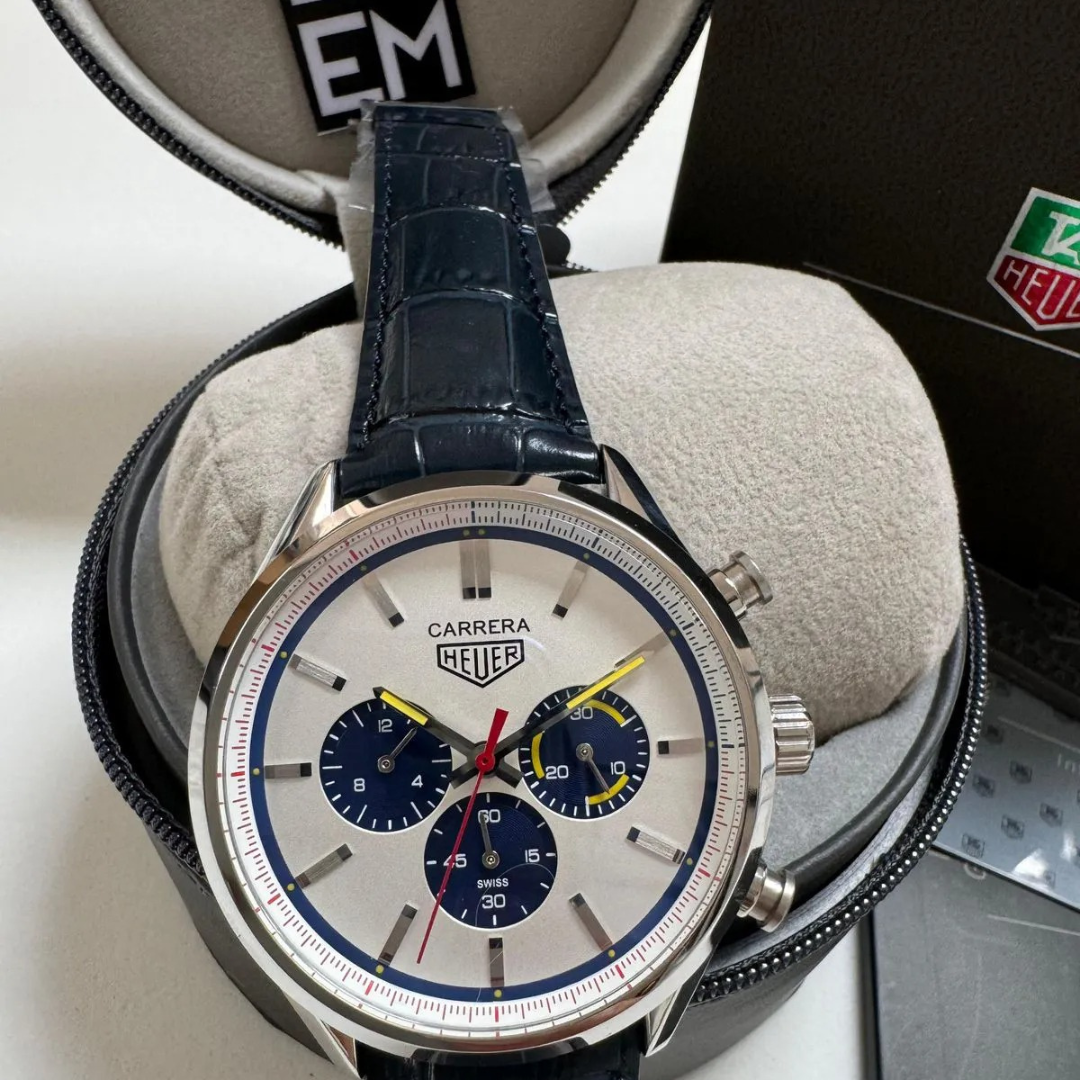 TH Carrera Chronograph – Silver & Blue | Leather Strap TAG Heuer