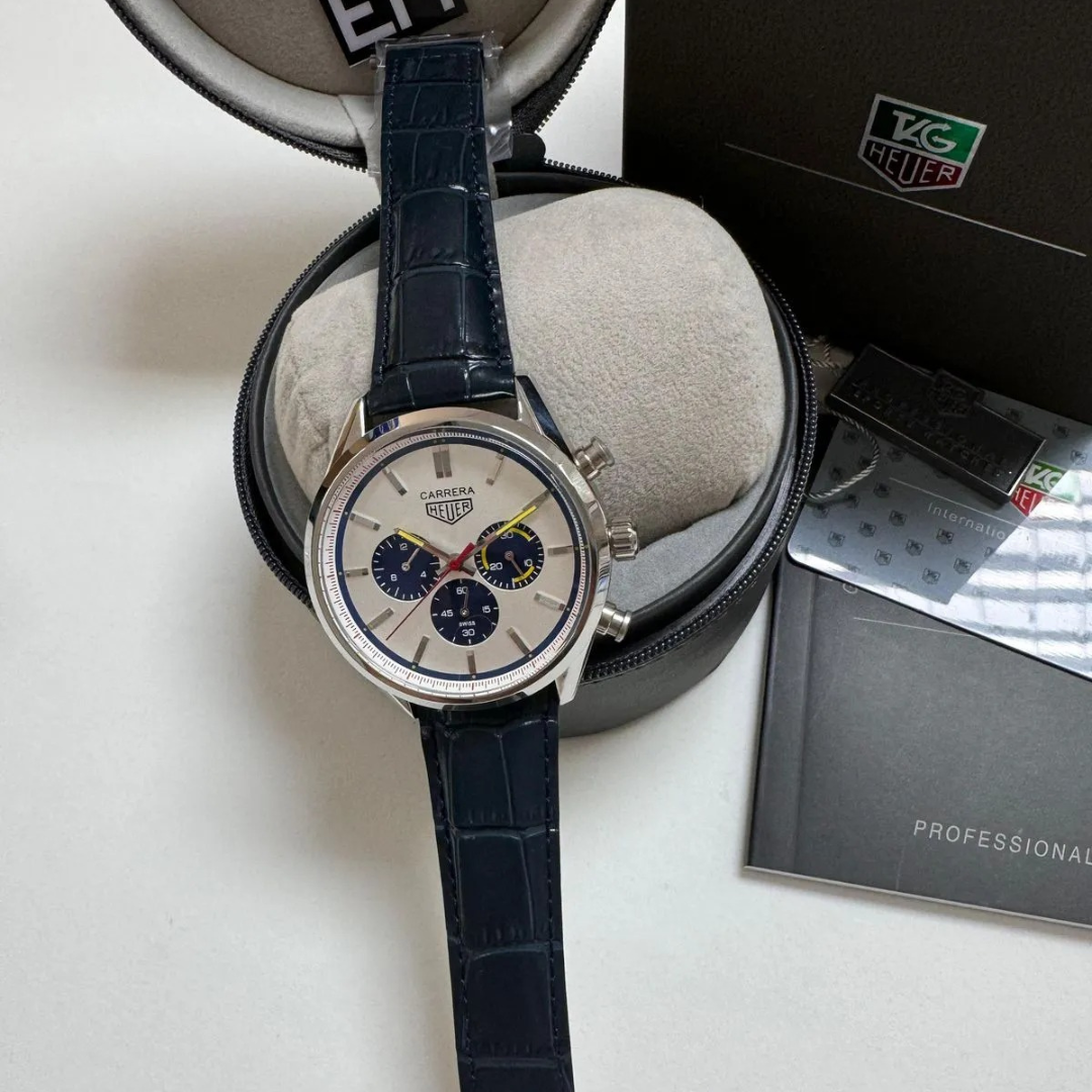 TH Carrera Chronograph – Silver & Blue | Leather Strap