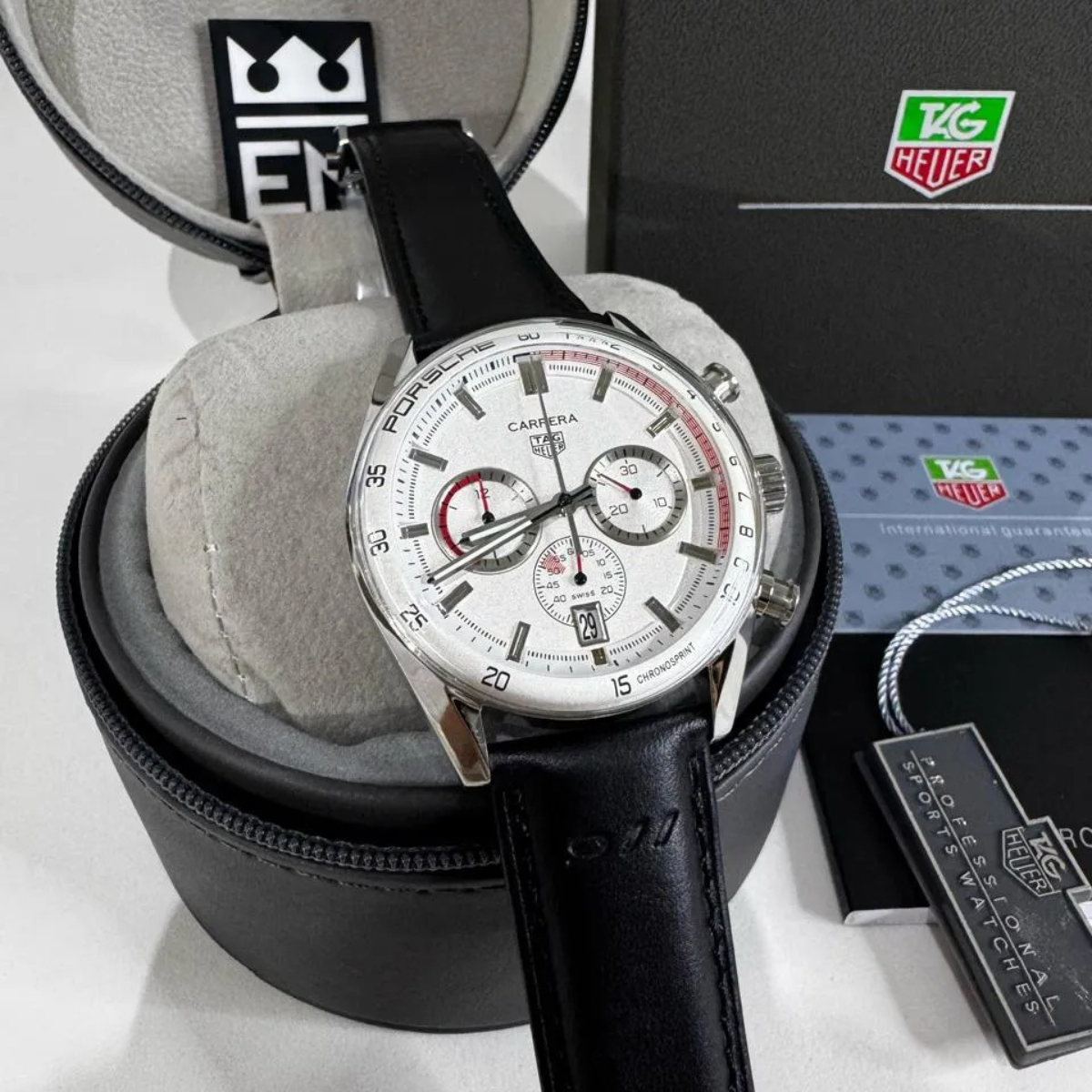 TH Carrera Chronosprint – Silver/Black – Leather Strap TAG Heuer