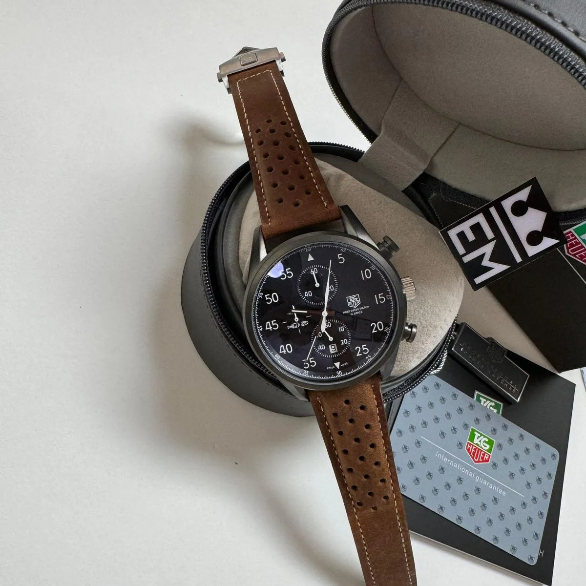 TH Carrera Chronograph Black Brown Leather Strap TAG Heuer
