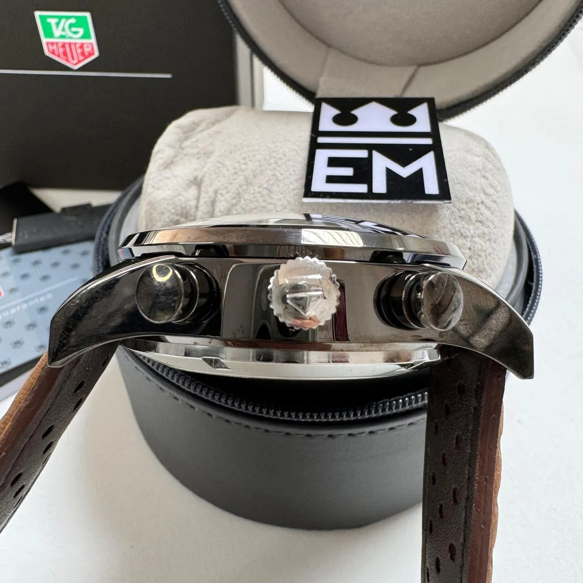 TH Carrera Chronograph Black Brown Leather Strap TAG Heuer