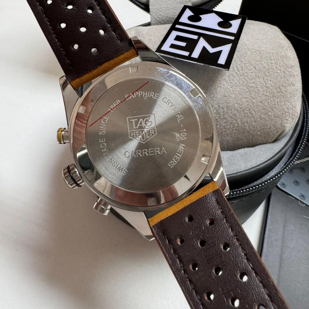 TH Carrera Chronograph Black – Automatic | Suede Leather Strap TAG Heuer